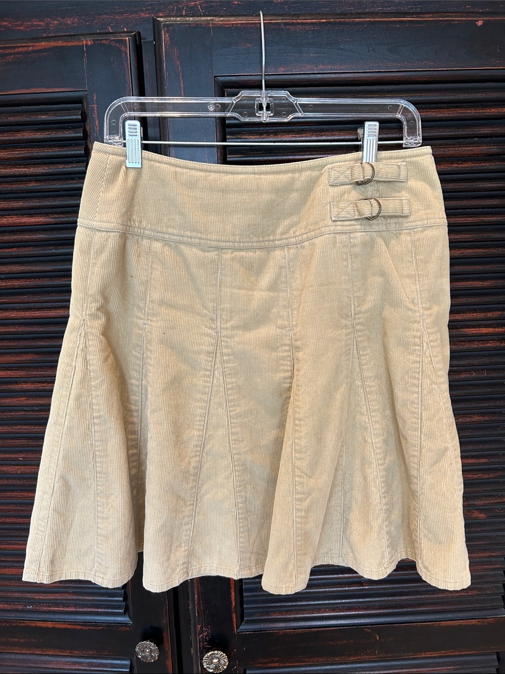 Garnet Hill Beige Corduroy A-Line Skirt with Side Buckle Details